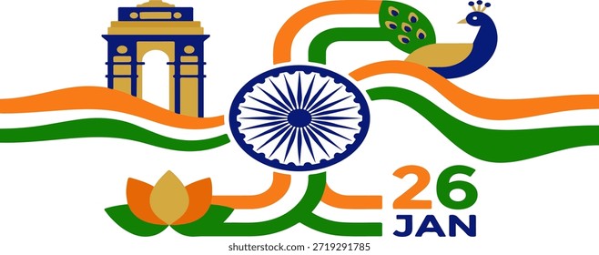 Día de la República India Ilustración vectorial con Ashoka Chakra, cintas fluidas tricolor, Puerta de la India, loto y pavo real en estilo plano moderno para carteles y Anuncios de celebración nacional.