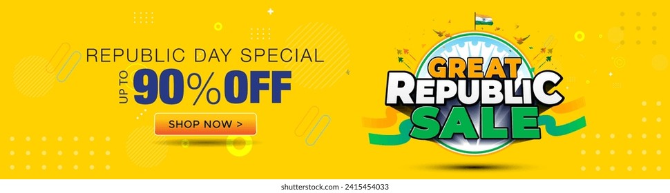 Republic Day of India website banner with logo. Shopping and advertising promotional sales, offer, deal, discount design. Indian tricolor flag with Great Republic sale 3d text.