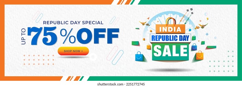 Día de la República de India. El concepto de banner promocional de ventas y marketing en sitios web. 75% de descuento, bolsa de compra, caja y diseño de fondo tricolor.