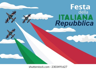 Cartel de bienvenida del Día de la República de Italia en italiano - Fuerzas aéreas celebrando, aviones a reacción desfilan. Combatientes lanzan colores humo blanco, verde y rojo.