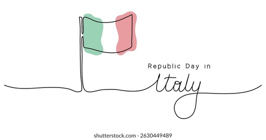 Republic Day in Italy words in continuous one line art style. Minimalist black drawing of green red white flag on white background. Hand drawn quote with editable stroke. Outline handwritten script.