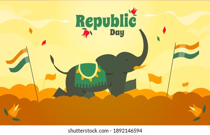 Republic Day national Indian holiday vector illustration with the elephant and Indian tricolors. Celebration devited to Indian state becoming an independent republic.