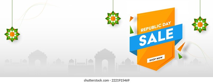 Republic Day Sale Banner Or Header Design With Tricolor Flowers Hang And Silhouette India Famous Monument On White Background.