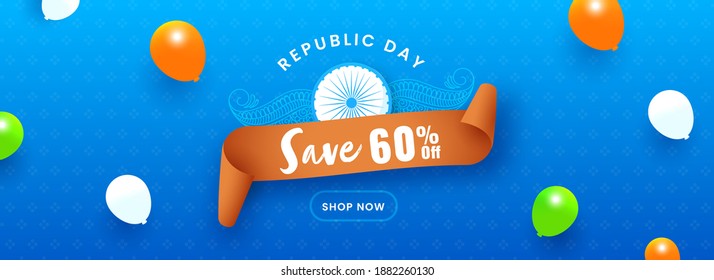 Republic Day Sale Header Or Banner Design With 60% Discount Offer And Tricolor Balloons On Blue Background.