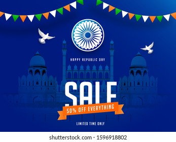 Republic Day Sale Poster Design with 50% Discount Offer, Ashoka Wheel and Flying Pigeons on Red Fort Monument Blue Background.