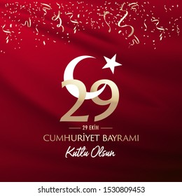 Republic Day of Turkey National Celebration Card - English “October 29, Republic Day" Typographic Badge. (Turkish: 29 Ekim, Cumhuriyet Bayrami Kutlu Olsun) Turkish flag symbol.
