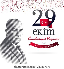 Republic Day of Turkey National Celebration Card - English “October 29, Republic Day" Typographic Badge. (Turkish: 29 Ekim, Cumhuriyet Bayrami Kutlu Olsun) Turkish flag symbol.