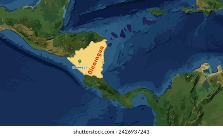 Republic de Nicaragua country map and Managua, its capital city on the world background. The largest country in Central America. A Spanish speaking country in Latin America. Crowded ethnic is mestizo 
