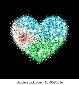 Republic of Djibouti flag sparkling badge in heart shape. Icon with Djiboutian national colors with glitter effect. Button design. Vector illustration. One of a series of signs