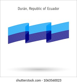 Republic of Ecuador, Durán city flag ribbon on white background. Wave lines ribbon vector illustration