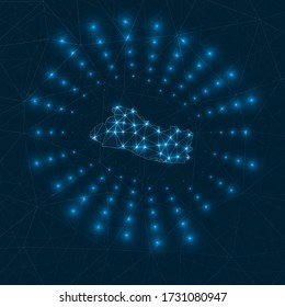 Republic of El Salvador digital map. Glowing rays radiating from the country. Network connections and telecommunication design. Vector illustration.