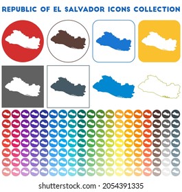 Republic of El Salvador icons collection. Bright colourful trendy map icons. Modern Republic of El Salvador badge with country map. Vector illustration.