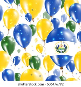 Republic of El Salvador Independence Day Seamless Pattern. Flying Rubber Balloons in Colors of the Salvadoran Flag. Happy Republic of El Salvador Day Patriotic Card with Balloons, Stars and Sparkles.