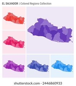 Republic of El Salvador map collection. Country shape with colored regions. Deep Purple, Red, Pink, Purple, Indigo, Blue color palettes.