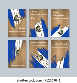 Republic of El Salvador Patriotic Cards for National Day. Expressive Brush Stroke in National Flag Colors on kraft paper background. Republic of El Salvador Patriotic Vector Greeting Card.
