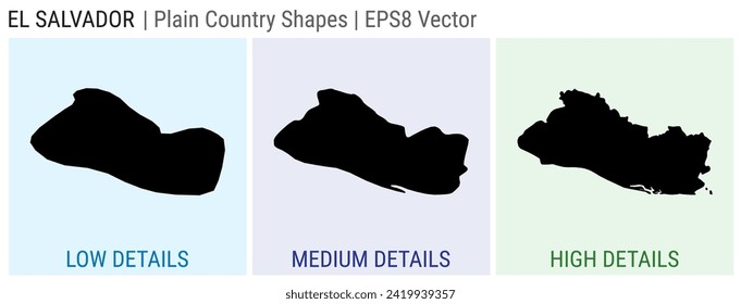 Republic of El Salvador - plain country shape. Low, medium, and high detailed maps of the Republic of El Salvador. EPS8 Vector illustration.