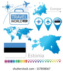 Republic of Estonia. flag. World Map. Travel vector Illustration.