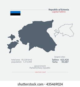 Mapas aislados de la República de Estonia e icono oficial de la bandera. vectorial Iconos del mapa político estonio e información general. Diseño de banderín geográfico del Estado de Europa del Norte