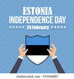 Republic of Estonia National Celebration Hands Hold Shield, Flat Background, Badges Vector Design