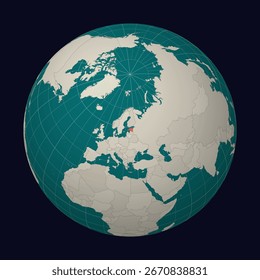 República de Estonia en el mapa. Globo centrado en Estonia. Ubicación de Country en el mapa mundial. Paleta de colores Teal Pale Mint. Globo con países, meridianos y paralelos. Ilustración vectorial de tendencia.