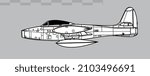 Republic F-84E Thunderjet. Vector drawing of early jet fighter-bomber aircraft. Side view. Image for illustration and infographics.