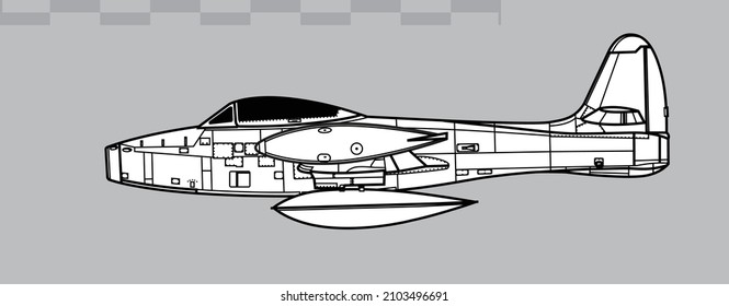 Republic F-84E Thunderjet. Vector drawing of early jet fighter-bomber aircraft. Side view. Image for illustration and infographics.