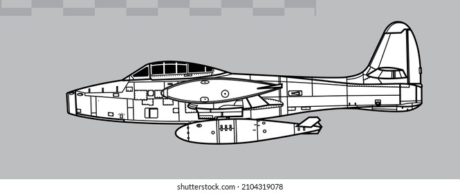 Republic F-84G Thunderjet with Mark 7 Nuclear Bomb. Vector drawing of early jet fighter-bomber aircraft. Side view. Image for illustration and infographics.