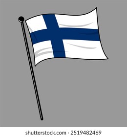 Bandera de la República de Finlandia que vuela con asta de bandera aislada sobre fondo gris, archivo EPS editable y escalable de Ilustración vectorial, perfecto para ícono, símbolo, emblema, elemento de Diseño gráfico, etc