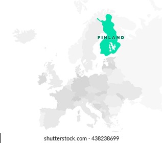 Republic of Finland location modern detailed map. All european countries without names. Vector template of beautiful flat grayscale map design with selected country name text and border location