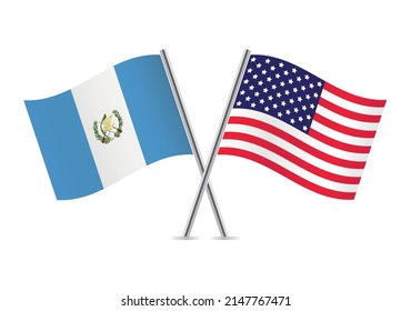 The Republic of Guatemala and America crossed flags. Guatemalan and American flags on white background. Vector icon set. Vector illustration.