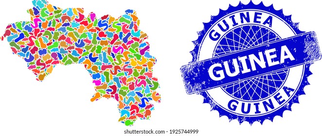 Resumen de mapas de la República de Guinea. Mapa de mosaico de la ranura y sello de sellado rayado para la República de Guinea. Marca azul roseta nítida con pie de foto para el mapa de la República de Guinea.