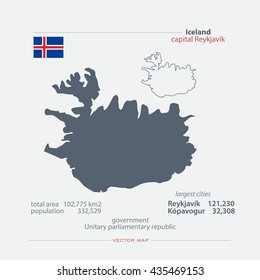 Republic of Iceland isolated maps and official flag icon. vector Icelander political map icons with general information. Nordic Country geographic banner template. travel concept map