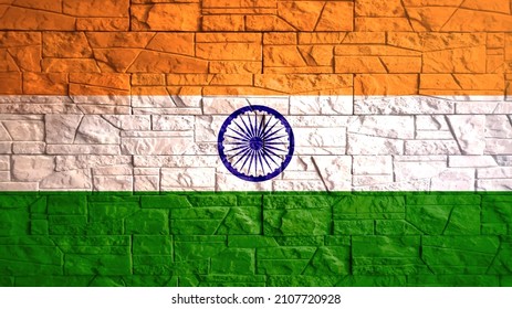 Republic of India flag with gray stone wall tiles texture. Texture of old poster back with India flag. Web banner template for industrial design. Vector