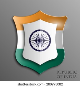 Republic of India Flag on a Shiny Shield, Vector Illustration isolate on Grey Background