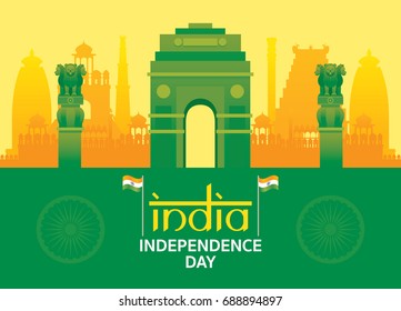 Republic of India, Independence Day, Flag, Gate and Ashoka Pillar Vector Illustration