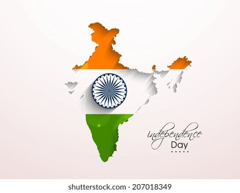 Republic of India map colored in tricolors with Asoka Wheel, concept for Indian Independence Day celebrations. 