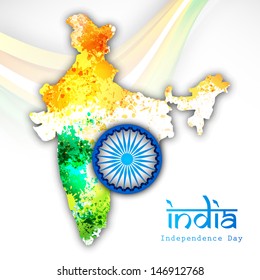 Republic of India map in tricolors and ashoka wheel for Independence Day.