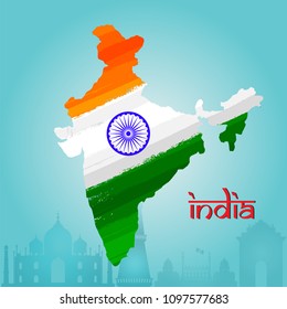 Republic of India map in tricolors on monuments background. 