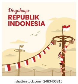 Republic of Indonesia Independence Day greeting card with an illustration of a child taking part in a areca nut climbing competition