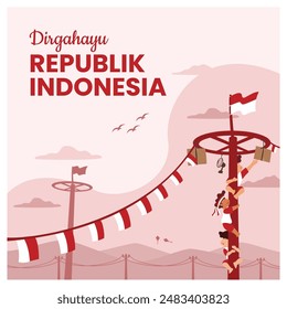 Tarjeta de felicitación del Día de la Independencia de la República de Indonesia con una ilustración de un niño que participa en una competencia de escalada de nueces de areca