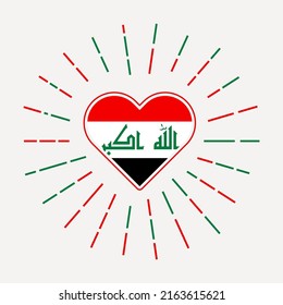 Republic of Iraq heart with the flag of the country. Sunburst around the Republic of Iraq heart sign. Vector illustration.