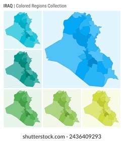 Republic of Iraq map collection. Country shape with colored regions. Light Blue, Cyan, Teal, Green, Light Green, Lime color palettes. Border of Republic of Iraq with provinces for your infographic.