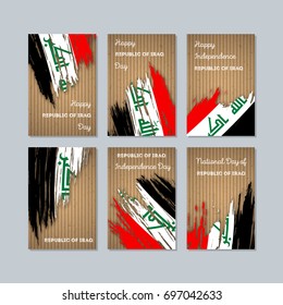 Republic of Iraq Patriotic Cards for National Day. Expressive Brush Stroke in Flag Colors on kraft paper background. Vector Greeting Card.