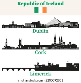 Republic of Ireland cities skylines silhouettes vector set