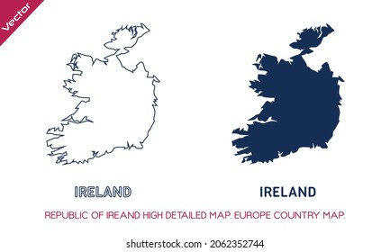 REPUBLIC OF  IRELAND Highly detailed maps of European Union countries. vector outline and blue silhouette map of IRELAND isolated on white background. Political map, map of Europe, world map
