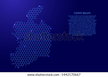 Republic of Ireland map from futuristic hexagonal shapes, lines, points  blue and glowing stars in nodes, form of honeycomb or molecular structure for banner, poster, greeting car.