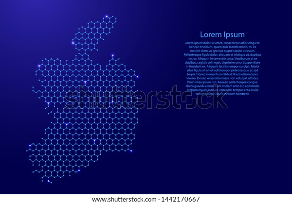 Republic of\
Ireland map from futuristic hexagonal shapes, lines, points  blue\
and glowing stars in nodes, form of honeycomb or molecular\
structure for banner, poster, greeting\
car.