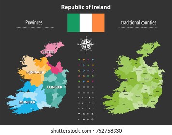 Republic of Ireland provinces and traditional counties vector map