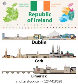 Los países y provincias tradicionales de la República de Irlanda trazan mapas y las ciudades irlandesas más grandes. Todos los elementos separados en capas editables y desmontables. Vector