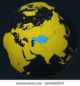 Republic of Kazakhstan on Globe. Country view on the world map in Charcoal Bright Yellow color palette. Kazakhstan shape on map. Globe with meridians, parallels, countries, rivers and lakes.